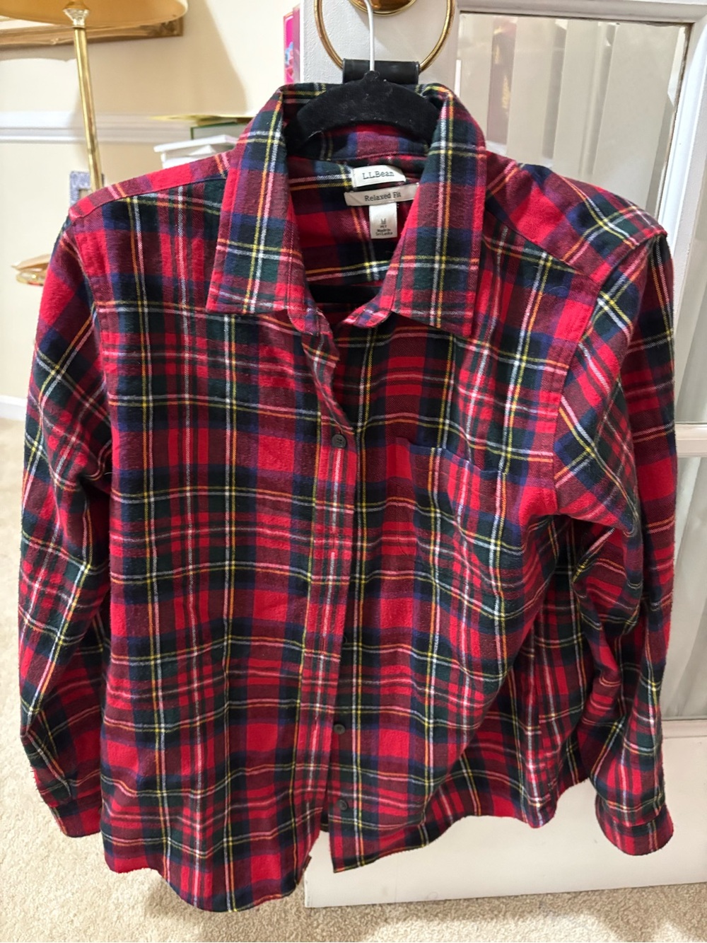 L.L. Bean Red and Green Plaid Relaxed Fit Flannel Shirt